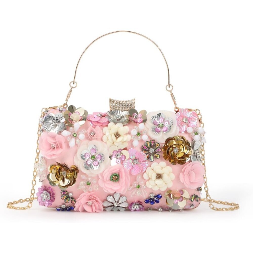 Sophisticated Pink Floral Evening Clutch with Snap Closure and Chain Strap